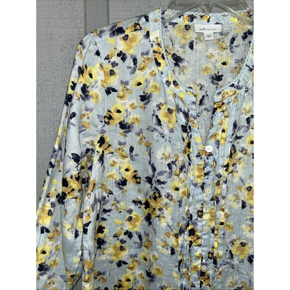 J. Jill Love Linen Floral Blouse Women’s XS Button Pintuck Pleated Cottage - Picture 2 of 10